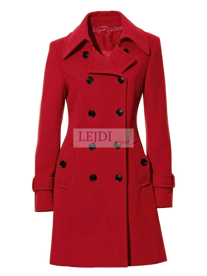 Kaszmirowo - wełniany płaszcz damski, czerwony