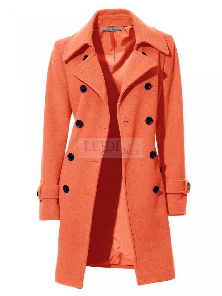 Kaszmirowo - wełniany płaszcz damski, pomarańczowy