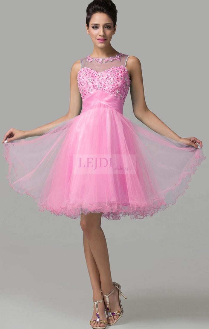 Tiulowa sukienka z kryształkami, różowa