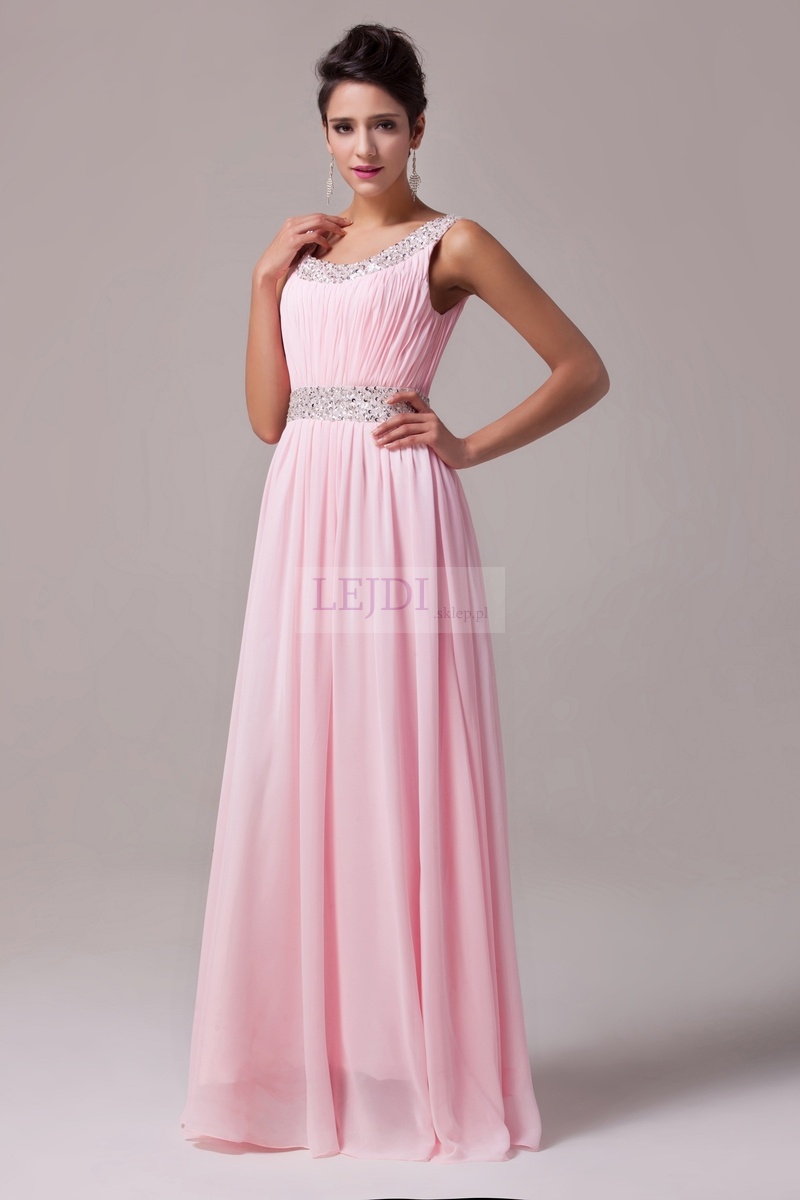 Długa suknia balowa z koralikami i cekinami, różowa