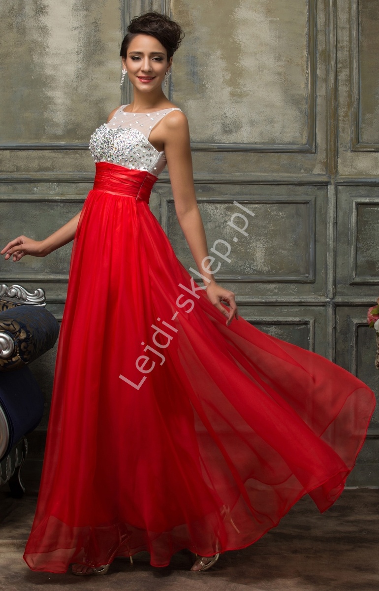 Długa suknia wieczorowa z kryształkami na wesele, czerwona