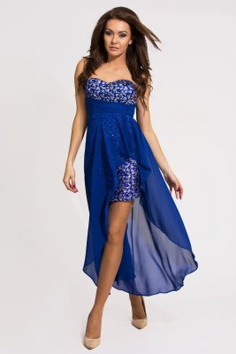 Wieczorowa mini sukienka z szyfonem i cekinami, niebieska