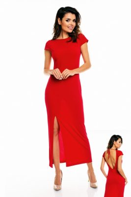 Długa wieczorowa sukienka maxi z rozcięciem, czerwona