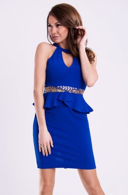 Obcisła sukienka mini z baskinką niebieska