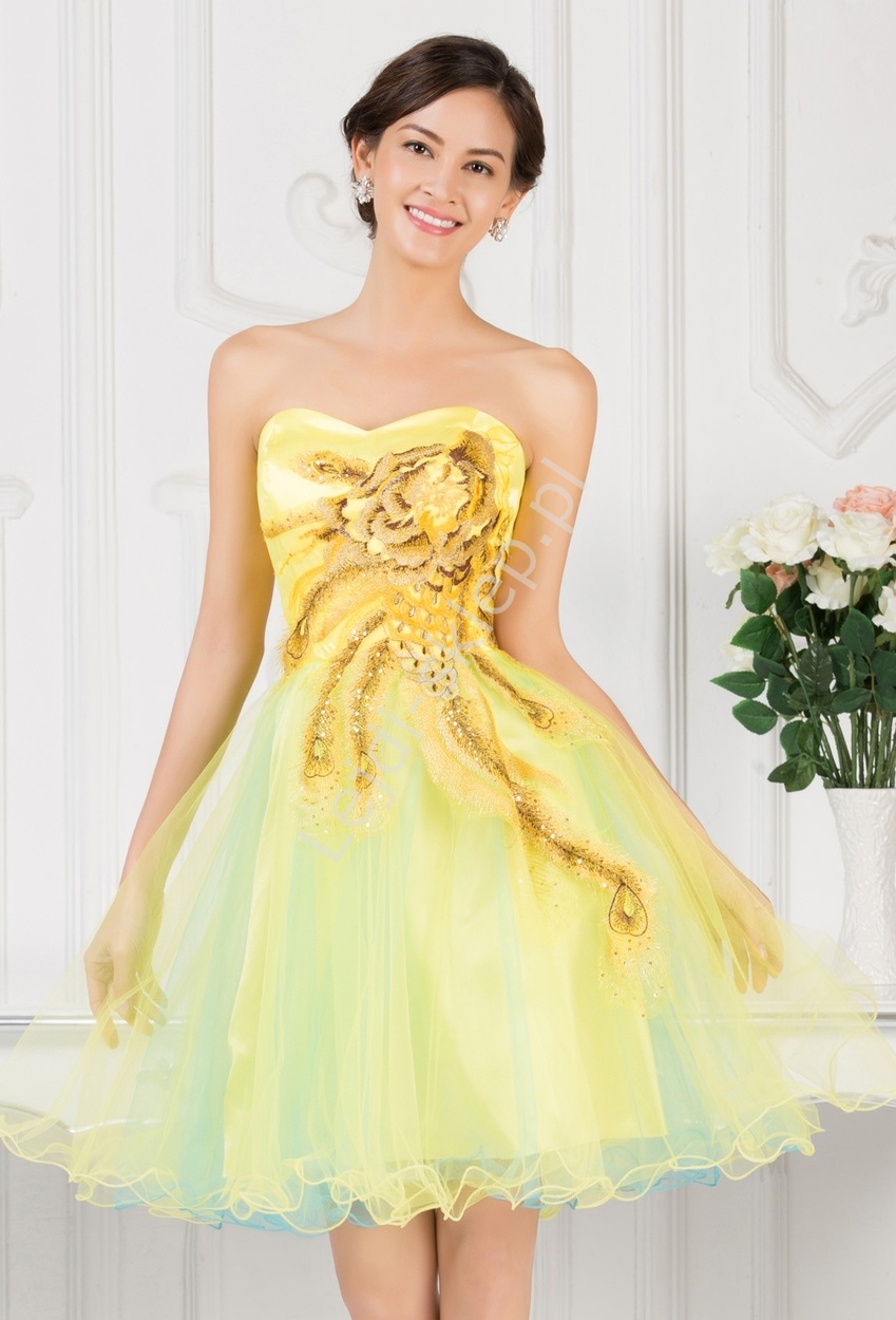 Gorsetowa sukienka tiulowa z haftem na wesele żółta