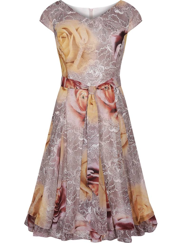 Letnia rozkloszowana sukienka z szyfonu kwiaty morelowa