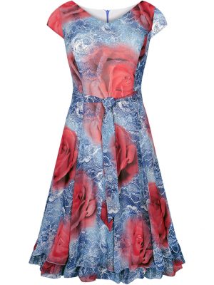 Letnia rozkloszowana sukienka z szyfonu kwiaty niebieska