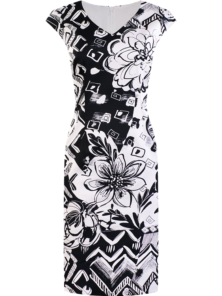 Ołówkowa elegancka sukienka w kwiaty czarno biała