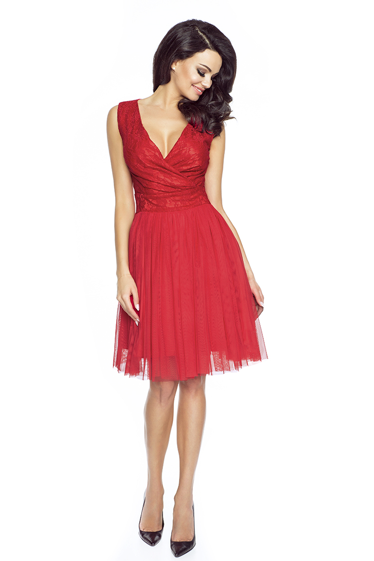 Koktajlowa sukienka z tiulu i koronki czerwona