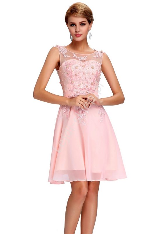 Balowa szyfonowa sukienka z perełkami koktajlowa różowa