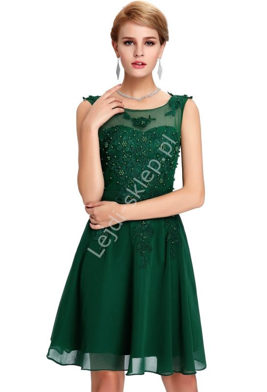 Balowa szyfonowa sukienka z perełkami koktajlowa zielona