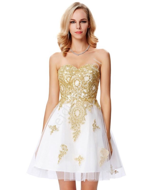 biała sukienka ze złotymi dodatkami na wesele i studniówkę