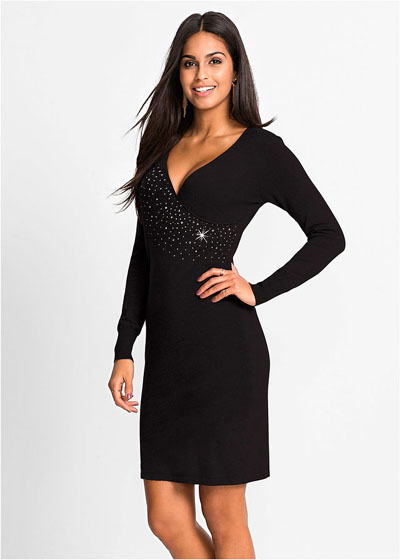 Dzianinowa sukienka z aplikacją ze sztrasów czarna