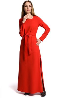 Dzianinowa sukienka maxi z rozcięciem czerwona