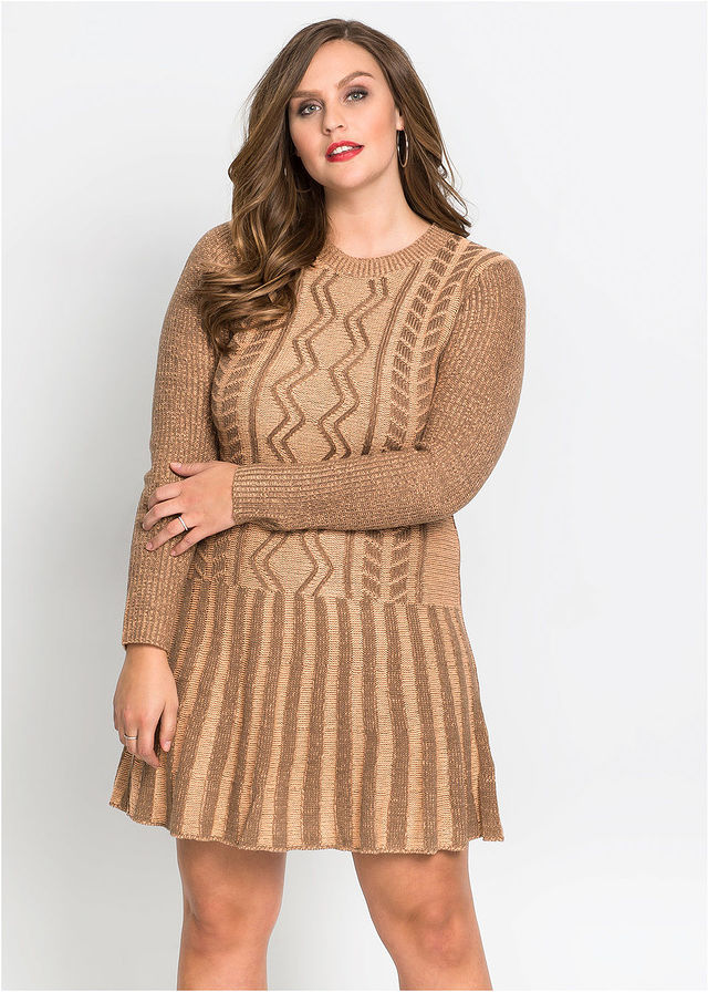 Dzianinowa sukienka sweterkowa plus size brązowa
