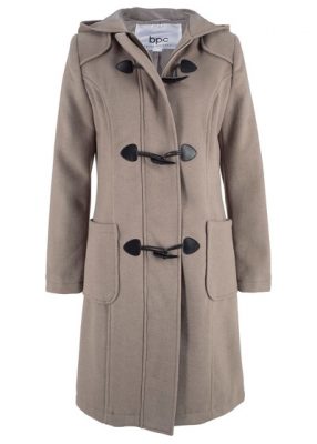 Szaro-brązowy płaszcz wełniany budrysówka z kapturem