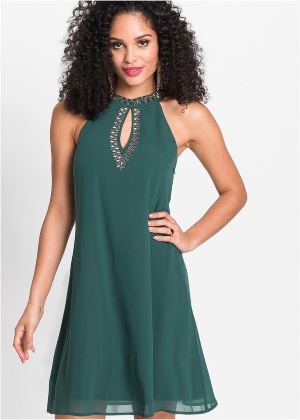 Sukienka na szyję z ozdobnymi perełkami zielona