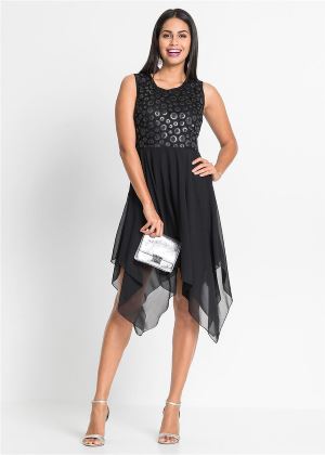 Sukienka z dłuższymi bokami i aplikacją z cekinów czarna
