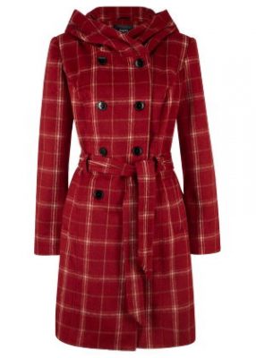 Krótki płaszcz damski w kratę jesienny czerwony