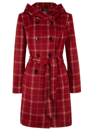 Krótki płaszcz damski w kratę jesienny czerwony
