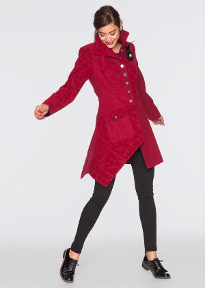 Ozdobny elegancki płaszcz damski jesienny czerwony