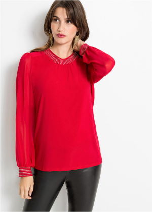 Elegancka bluzka z przezroczystymi rękawami czerwona