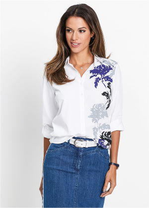 Elegancka bluzka koszulowa biała w niebieski kwiaty