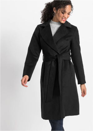 Czarny płaszcz damski wiązany w pasie zimowy