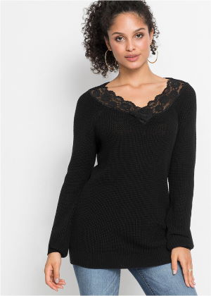 Sweter z koronką w dekolcie czarny