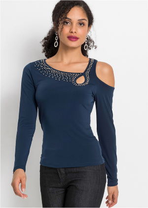 Shirt cold-shoulder z perełkami niebieski