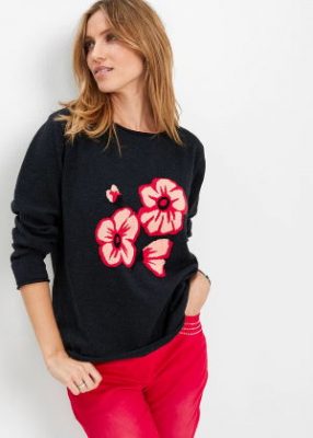 Czarny sweter z nadrukiem kwiaty