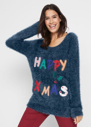 Sweter bożonarodzeniowy z dzianiny z długim włosem niebieski