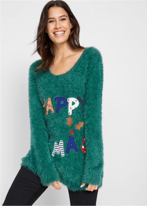Sweter bożonarodzeniowy z dzianiny z długim włosem zielony