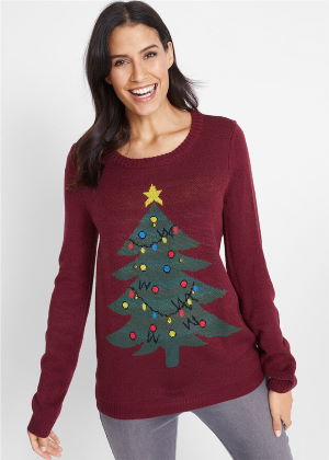 Sweter świąteczny z bożonarodzeniowym motywem choinka bordowy