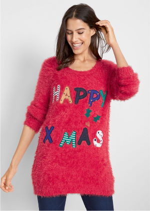 Sweter bożonarodzeniowy z dzianiny z długim włosem czerwony